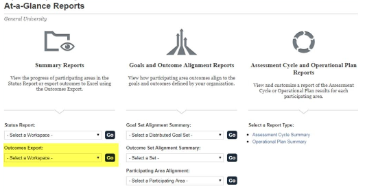 The At-a-Glance Reports page with the Outcomes Export dropdown highlighted under Summary Reports.