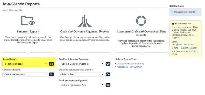 The At-a-Glance Reports page showing report categories and selection options, including summary reports, goals and outcome alignment reports, and assessment cycle and operational plan reports. The Status Report section is highlighted.
