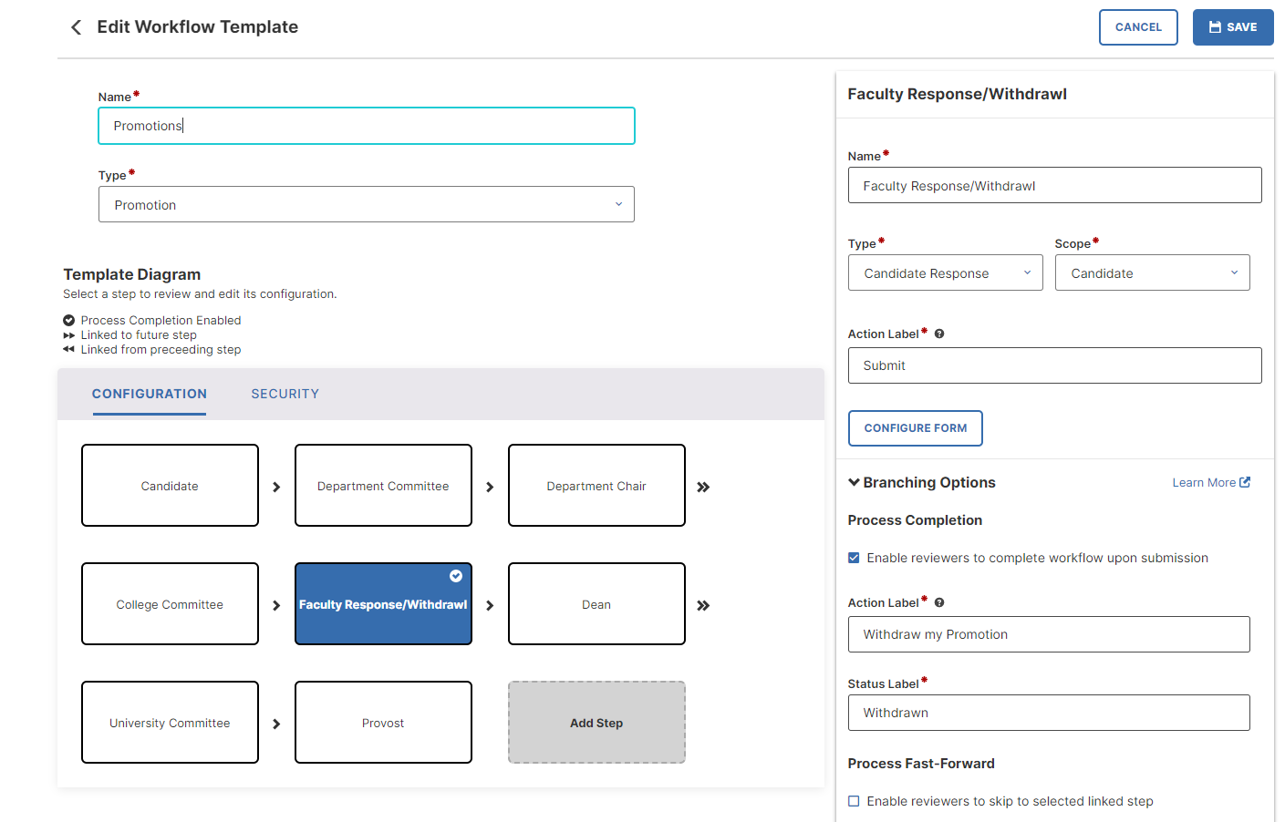 The Template Diagram section showing the Faculty Response/Withdrawal step highlighted, and the Faculty Response/Withdrawal settings panel on the right displaying fields for name, type, scope, action label, status label, branching options, process completion, and fast‑forward options.