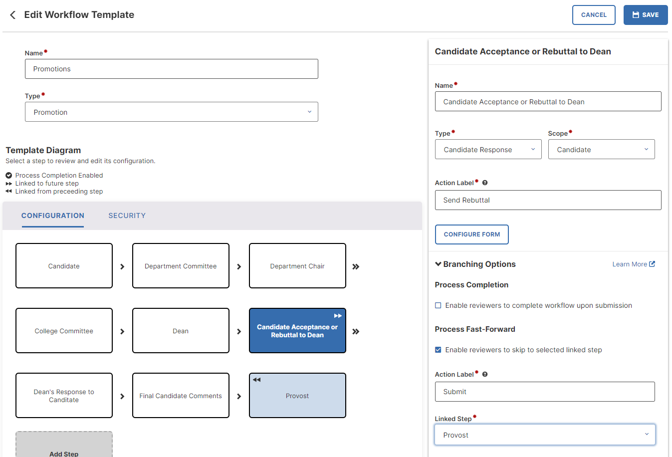 The Template Diagram section showing the Candidate Acceptance or Rebuttal to Dean step highlighted. The settings panel on the right displays fields for name, type, scope, action label, linked step, and fast‑forward options.
