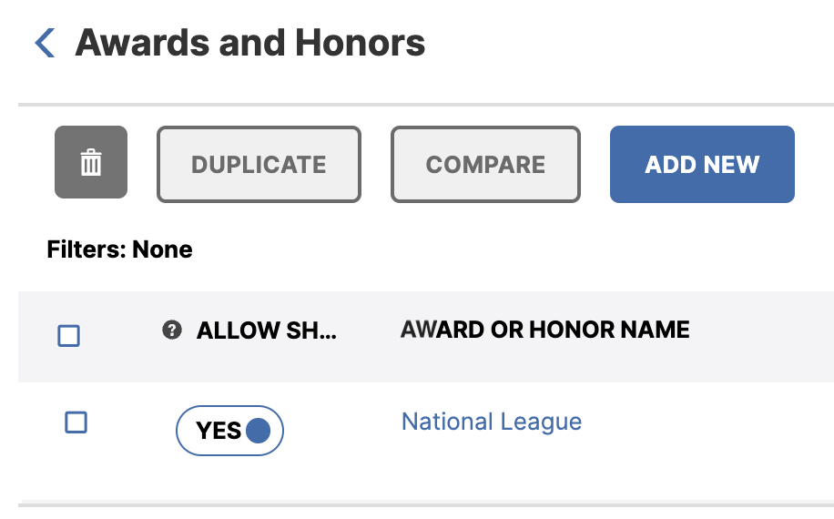 The Awards and Honors page showing buttons Delete, Duplicate, Compare, and Add New. Filters set to None. The table shows a checkbox column, a column labeled Allow Sh…, and a column labeled Award or Honor Name. The row shows toggle set to YES and award name National League.