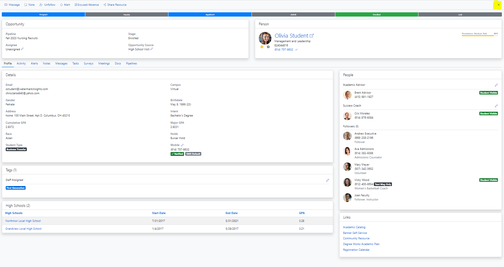 The page showing Opportunity and Person sections. The profile tabs include sections for Details, Tags, High Schools, People, and Links, with a 'Cross' icon highlighted in the top-right corner of the page.