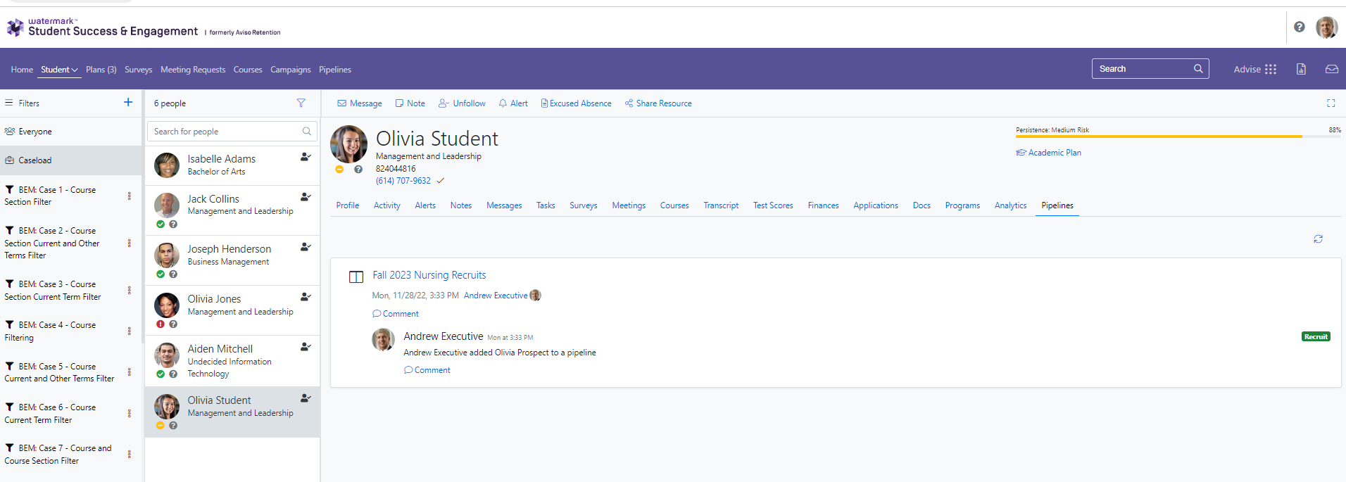 Olivia Student’s profile section, with the 'Pipelines' tab showing 'Fall 2023 Nursing Recruits' and a notification that Andrew Executive added Olivia Prospect to a pipeline, including a Comment option.