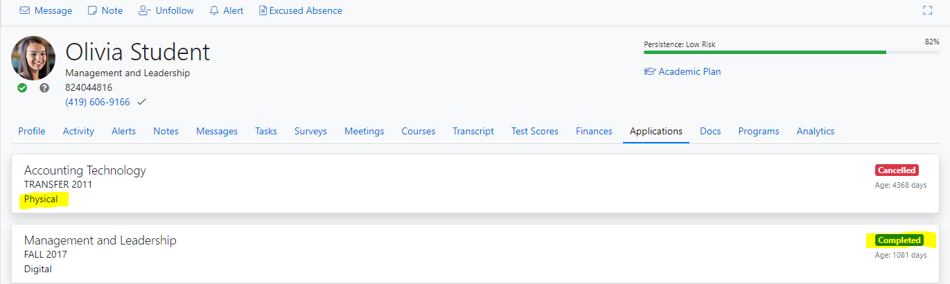 Olivia Student application tab showing 'Accounting Technology' course as 'Physical' with the status 'Cancelled,' and the 'Management and Leadership' course as 'Digital' with the status 'Completed.'