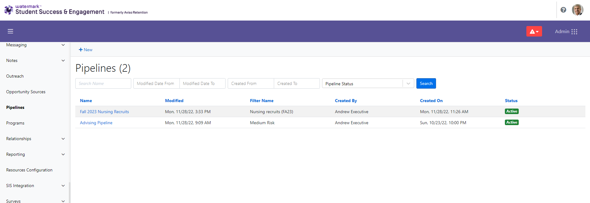 The 'Pipelines' page with 'Pipeline Status' filter selected and a 'Search' button. The page showing 'Fall 2023 Nursing Recruits' and 'Advising Pipeline,' with their modification date, filter name, created by, created on, and statuses.