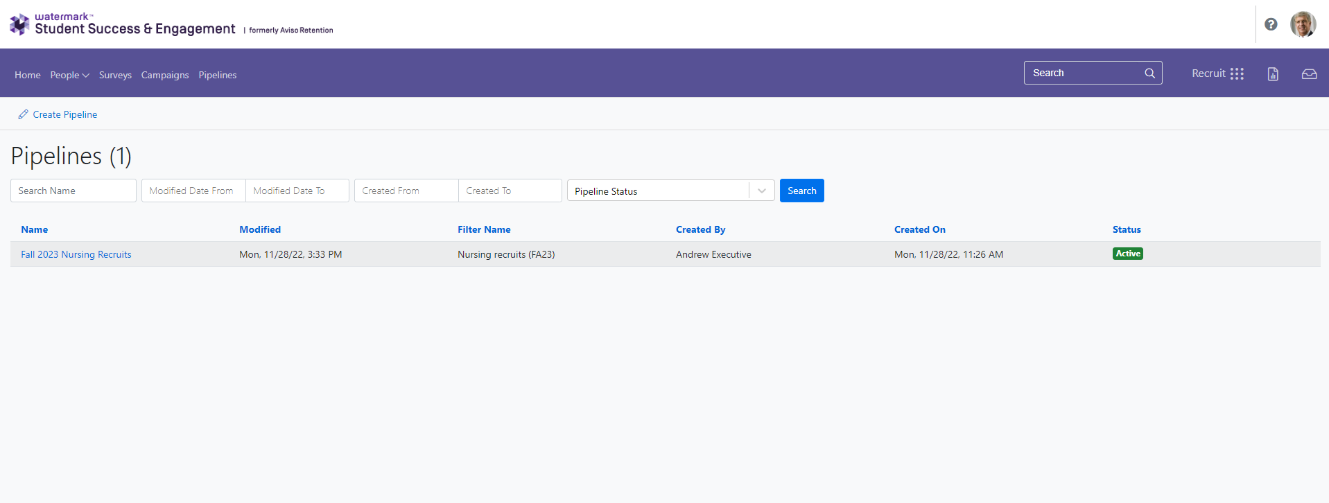The 'Pipelines' page with the 'Pipeline Status' filter selected and a 'Search' button. The page lists 'Fall 2023 Nursing Recruits' showing modified, filter name, created by, created on, and statuses, with a 'Create pipeline' option at the top.