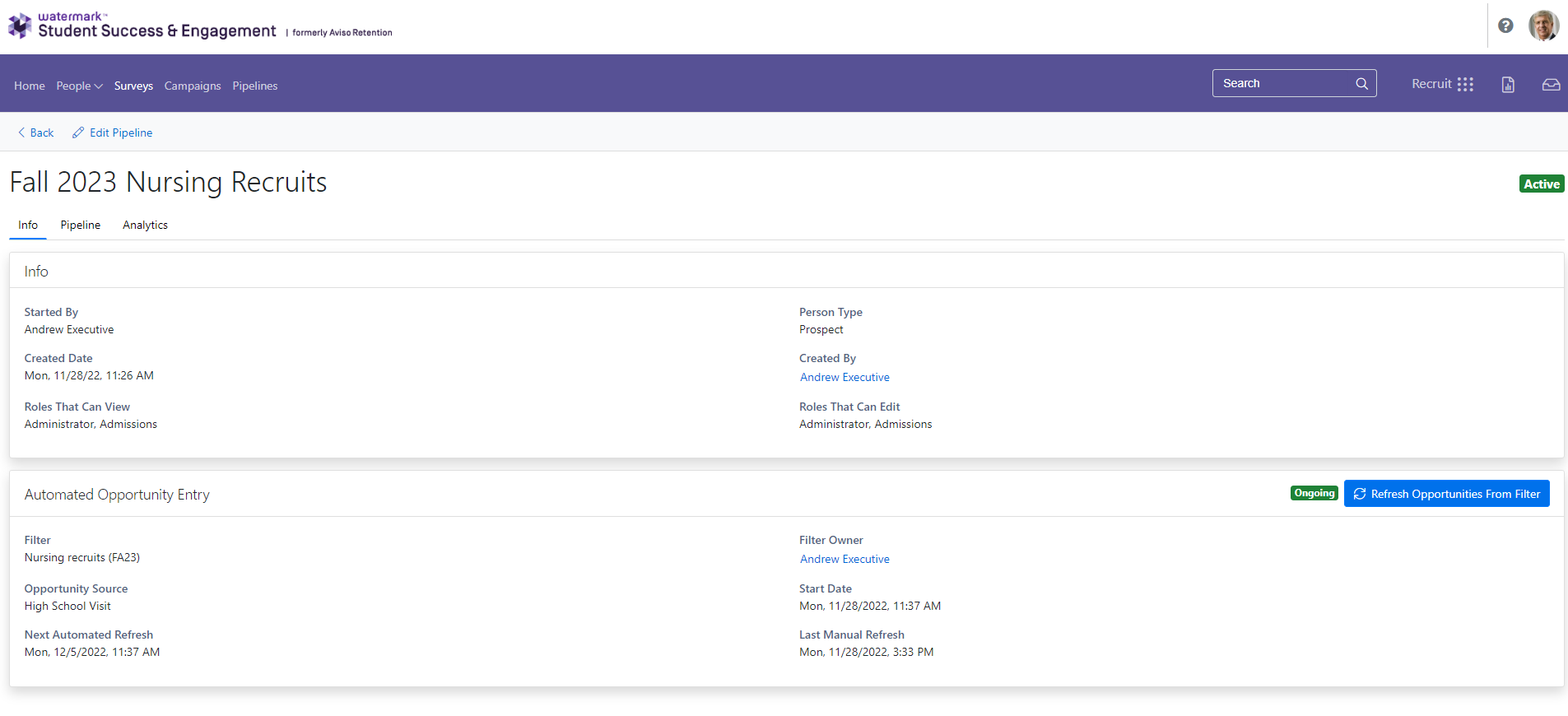 The 'Fall 2023 Nursing Recruits' page with tabs for Info, Pipeline, and Analytics. The Info tab showing an Info section and an Automated Opportunity entry section marked 'Ongoing,' with a 'Refresh opportunities from filter' button.