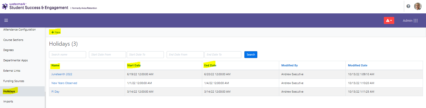A holidays page showing details of Name, start date, end date, modified by, modified date, and a button to add new with 'holidays', 'Name', 'Start date', 'End date', and New highlighted.
