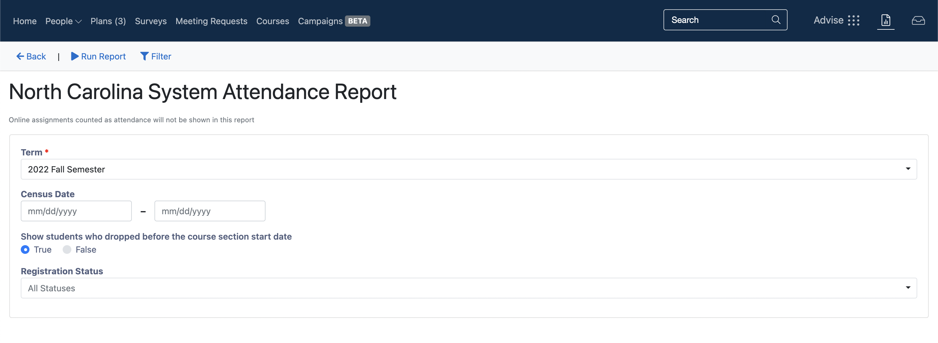 The North Carolina System Attendance Report page showing filters for term (2022 Fall Semester), census date range, drop status toggle, and registration status selection.
