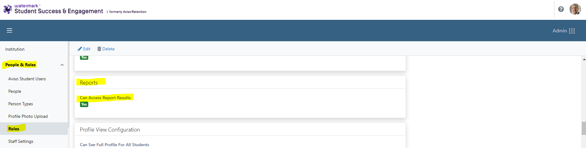 The roles page under People & Roles showing details of Reports with text 'Can Access Report Results', 'Report', and 'People & Roles' highlighted.
