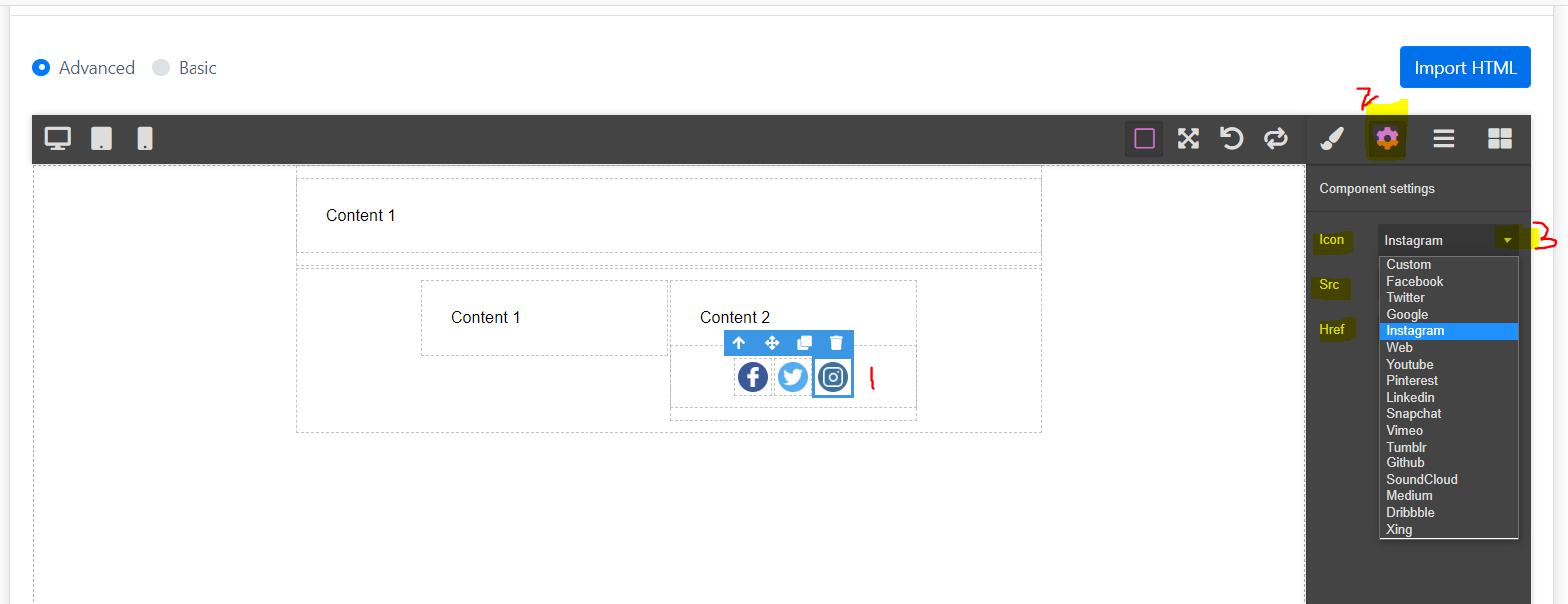 The Email editor showing the social icon component settings panel open, with the gear icon selected and the “Icon” dropdown expanded to choose platforms like Instagram, Facebook, Twitter, and more.