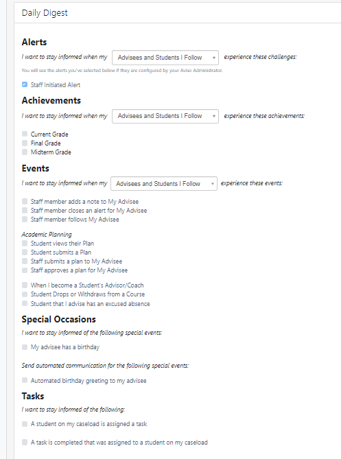 The 'Daily Digest' settings page showing options for staying informed about various alerts, achievements, events, special occasions, and tasks. It includes alerts for staff-initiated notifications, grade achievements, academic planning events, birthday greetings, and task assignments or completions for students on the user's caseload.