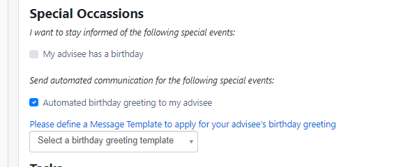 The 'Special Occasions' settings section showing an option to stay informed when an advisee has a birthday, with an automated birthday greeting selected to be sent to the advisee. A message template option provided to customize the greeting.