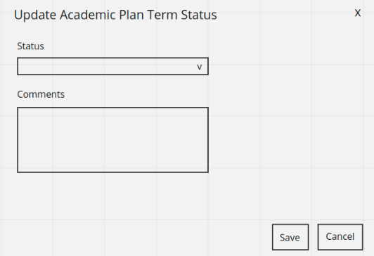 An Update Academic Plan Term Status dialog showing a Status dropdown, a Comments text box, and Save and Cancel buttons.