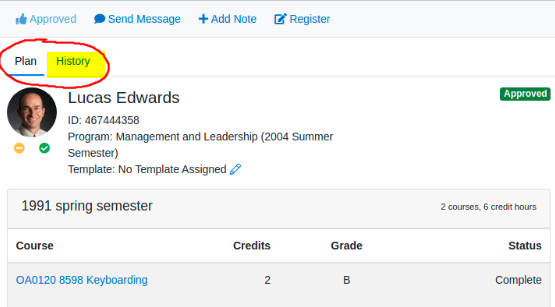 A student plan page showing tabs for Plan and History, with both tab labels highlighted. The page displays the student’s name, ID, program information, template status, an Approved label, and a semester section listing courses with credits, grades, and status.