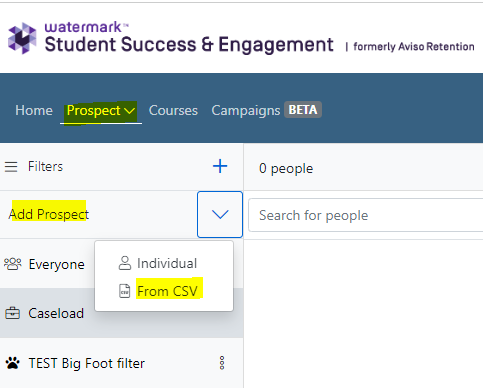The Prospect tab showing Add Prospect dropdown with options Individual and From CSV. Filters section showing Search field and People count.