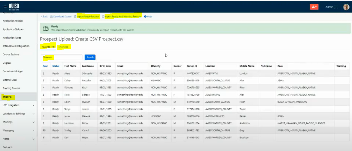 The Prospect Upload page showing success banner and links for Download Source, Import Ready Records, and Import Ready and Warning Records. Page showing tabs for Records (10) and Errors (0). Filters showing Status dropdown and Search field. Table showing prospect rows with columns including Row, Status, First Name, Last Name, Birth Date, Email, Ethnicity, Gender, Person Id, Location, Middle Name, Nickname, Race, and Warning.
