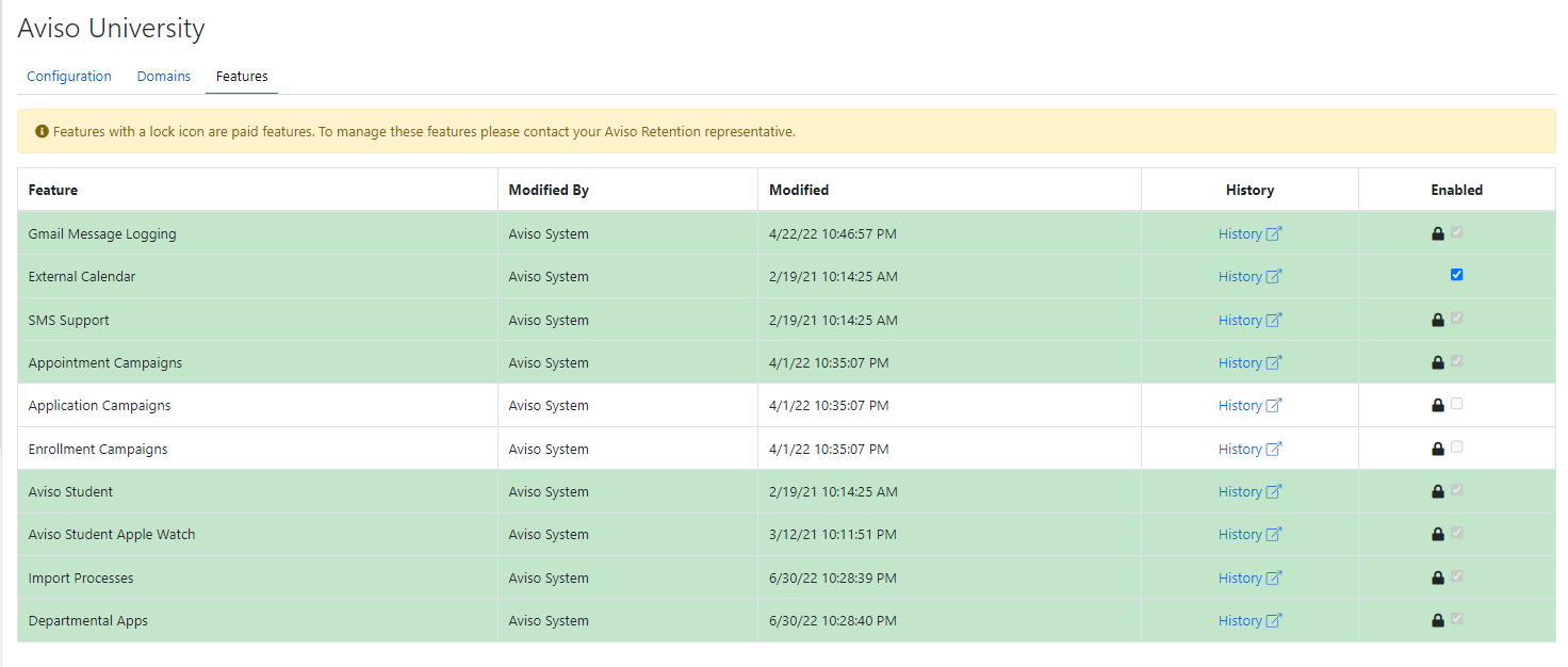 The Features page for Aviso University showing a list of system features, with all features marked by lock icons indicating paid options.