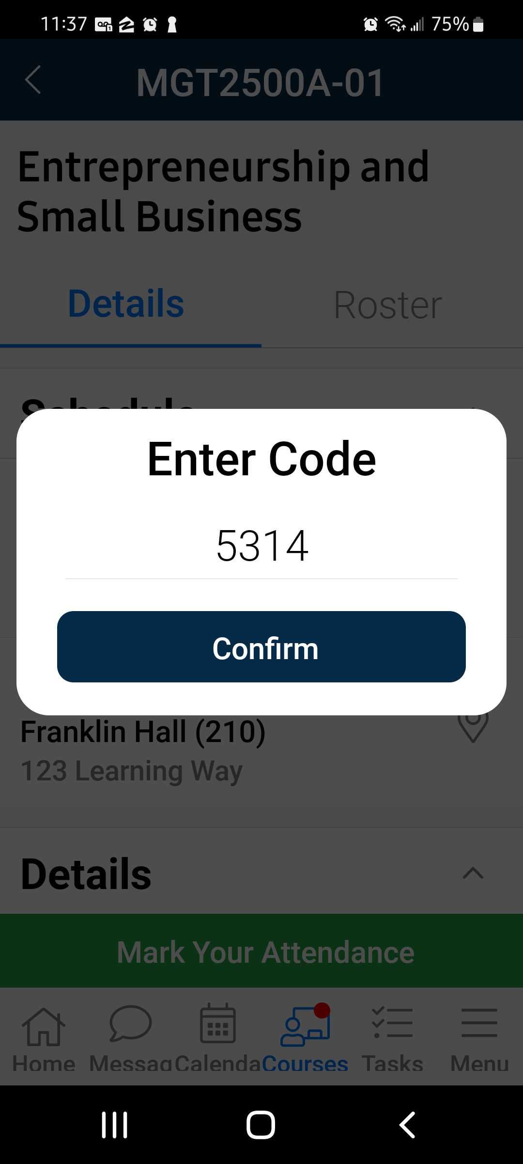 The confirmation page showing the 'Enter Code' field with the code '5314' entered, with a 'Confirm' button.