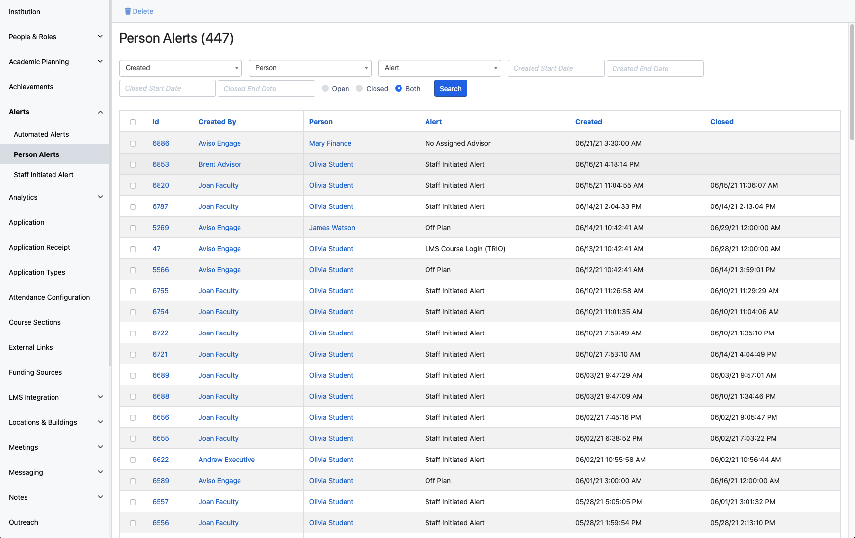 The Person Alerts page showing a filtered list of alerts, with filter options above the table for created date, person, alert category, and alert status.