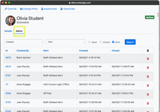 The student profile page showing the Alerts tab open, displaying a list of student’s alerts beneath the filter options, with a Search button above. The Alerts tab is highlighted.