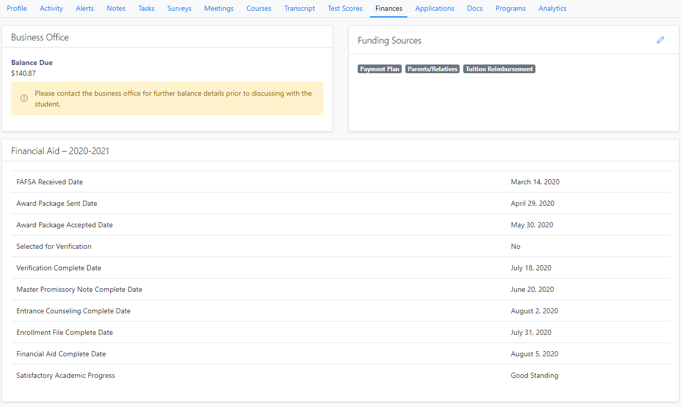 The 'Finances' page showing balance due with a note advising to contact the business office before discussing further balances in the 'Business Office' section. Below, the 'Financial aid- 2020-2021' section lists important dates, along with a 'Funding Sources' section with available options like payment plan, parents/relatives, and tuition reimbursement.
