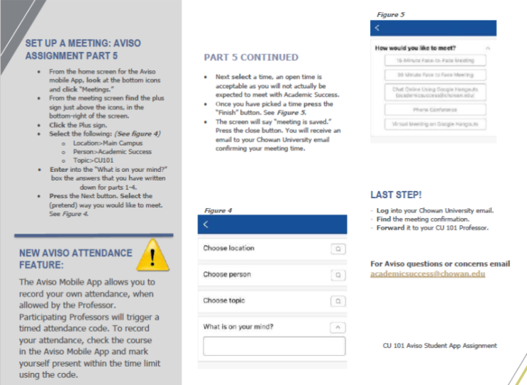 The page showing different sections with brief descriptions, such as 'Set Up a Meeting: Aviso Assignment Part 5.' It covers meeting time, choosing a location, a person, and a topic. The page also includes a 'New Aviso Attendance Feature.'