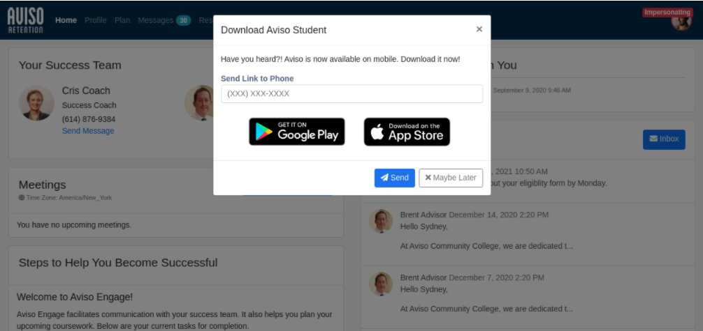 A pop-up message titled 'Download Aviso Student,' prompting the user to download the Aviso Student app. The message includes an input field to send a link to the phone or options to download the app from Google play store or App Store, with 'Send' and 'Maybe Later' options.
