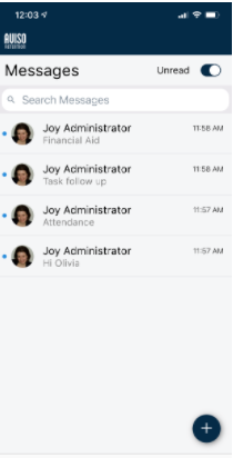 The 'Messages' section of the Aviso mobile app showing unread messages from Joy Administrator, with time stamps, a toggle for 'Unread' messages, and a 'Search bar.'