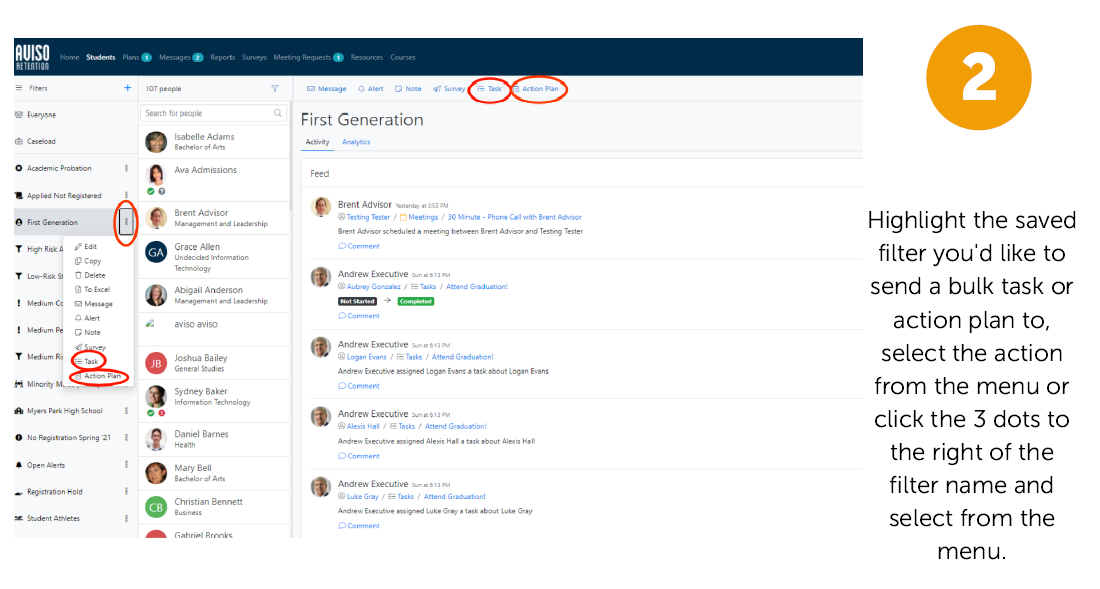 The Aviso Students page with the First Generation filter highlighted in the side panel, the three-dots menu open showing Tasks and Action Plan options, and a main content area displaying the First Generation student activity feed with the Task and Action Plan options highlighted at the top. An instruction also states that to send a bulk task or action plan, highlight the saved filter you want to use, then select the Action menu or click the three dots to the right of the filter name and choose an option from the menu.
