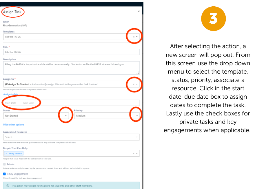 The Assign Task section showing the filter set to First Generation, with templates, status, priority, and Assign To fields showing dropdown menus, a title field at the top, a description text box, start and end date fields highlighted under Assign To Me, options to hide other fields, and additional sections for Associate a Resource and People That Can Help with Mary Finance selected, along with checkboxes for Private and Key Engagement where Key Engagement is selected. An instruction also states that after selecting the action, a new screen pops out, from which the user selecting options from the dropdown menus, assigning start and due dates, and using the Private and Key Engagement checkboxes when applicable.