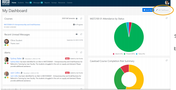 The 'My Dashboard' page showing sections for courses, recent unread messages, alerts, a pie chart for MGT2100 01 attendance by status, and a donut chart for Caseload course completion risk summary. The 'Edit Dashboard' button highlighted at the top-right corner.