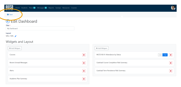 The 'Edit Dashboard' page showing a 'Save' button highlighted in the top-left corner.