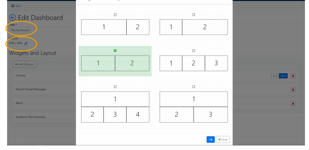 The 'Edit Dashboard' page showing title and layout fields highlighted, with a pop-up of different layout options to select, along with options 'OK' and 'Close.'