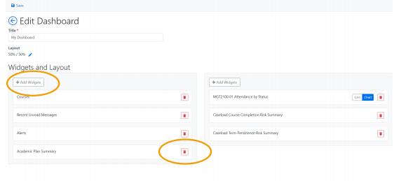 The 'Edit Dashboard' page showing '+ Add widgets' button and 'Trashcan' icon highlighted in the 'Widget and layout' section.
