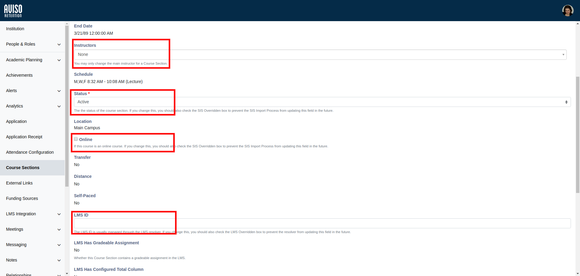 A course sections page showing fields for Instructors, status, online check box, and LMS ID highlighted.