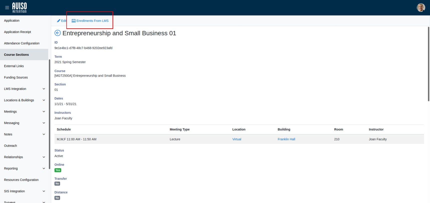 A course sections page showing entrepreneurship and small business 01 section with 'Enrollments From LMS' highlighted.