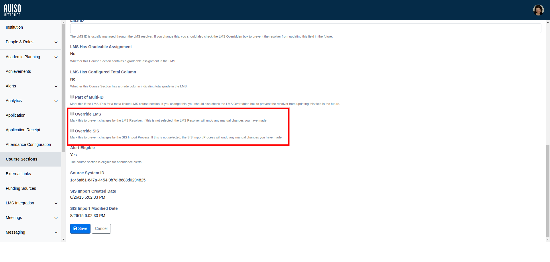 A course sections page showing Override LMS and Override SIS check boxes highlighted. 