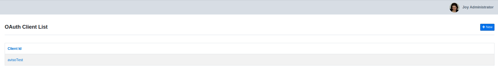 The OAuth client list page showing a simple table with a header labeled Client Id and one listed entry labeled AvisoTest, with a New button on the right side of the header.