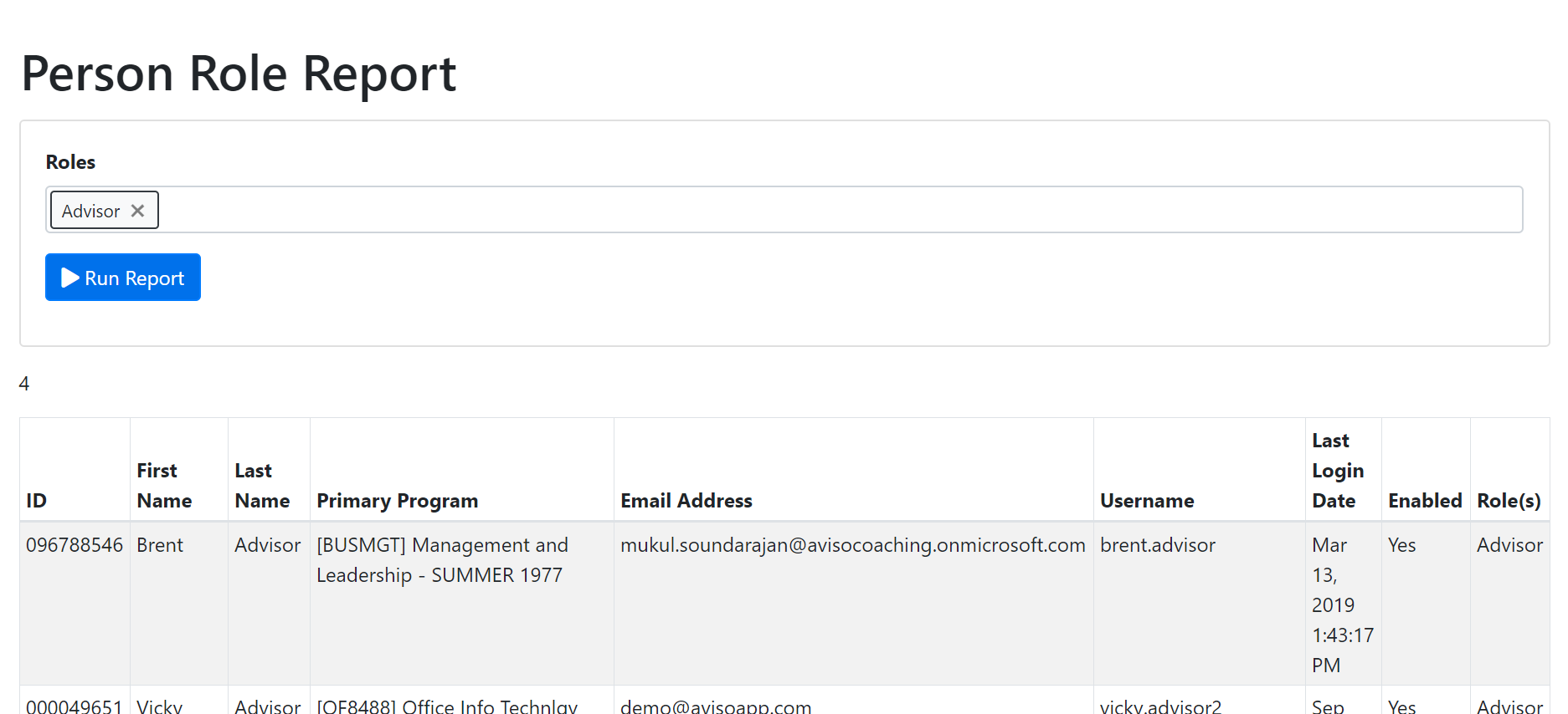The Person Role Report page showing a Roles field set to Advisor above a Run Report button. The results table lists user records with columns for ID, First Name, Last Name, Primary Program, Email Address, Username, Last Login Date, Enabled, and Role(s).