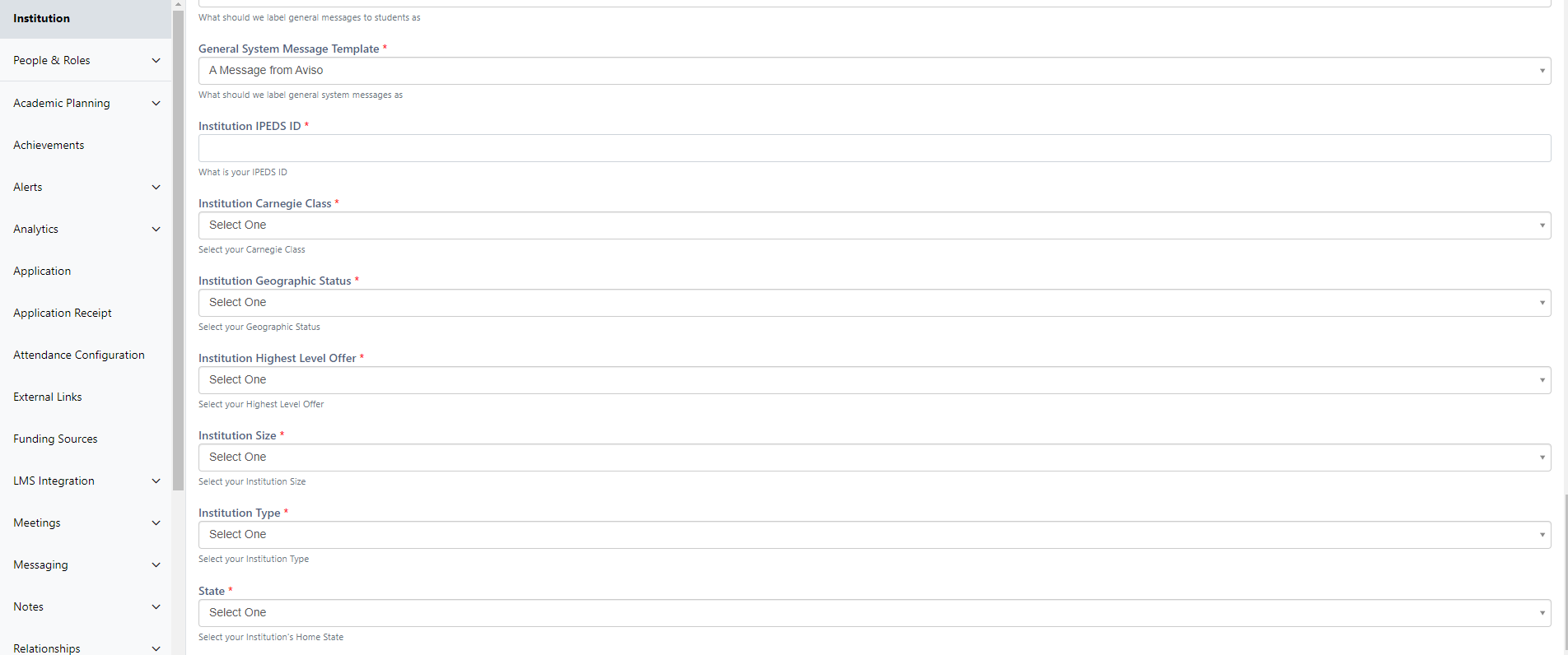 An Institution page showing fields for General System Message Template, Institution IPEDS ID, Institution Carnegie Class, Institution Geographic Status, Institution Highest Level Offer, Institution Size, Institution Type, and State.