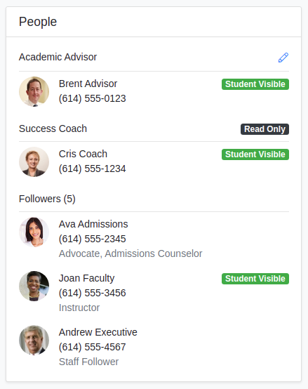 The 'People' section showing contact information for Brent Advisor (Academic Advisor) marked as 'Student Visible,' Cris Coach (Success Coach) marked as 'Read only,' and other followers such as Ava Admissions, Joan Faculty marked as 'Student Visible,' and Andrew Executive.