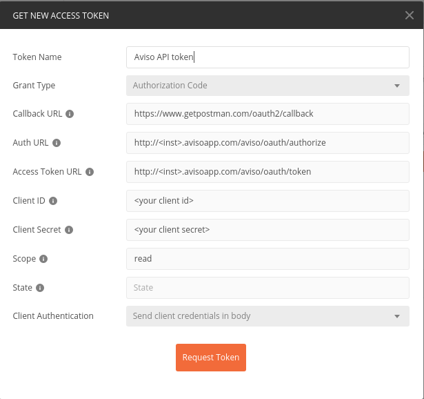 The Get New Access Token window showing a form where fields such as Token Name, Grant Type, Callback URL, Auth URL, Access Token URL, Client ID, Client Secret, Scope, State, and Client Authentication are being entered or selected, with a Request Token button at the bottom.