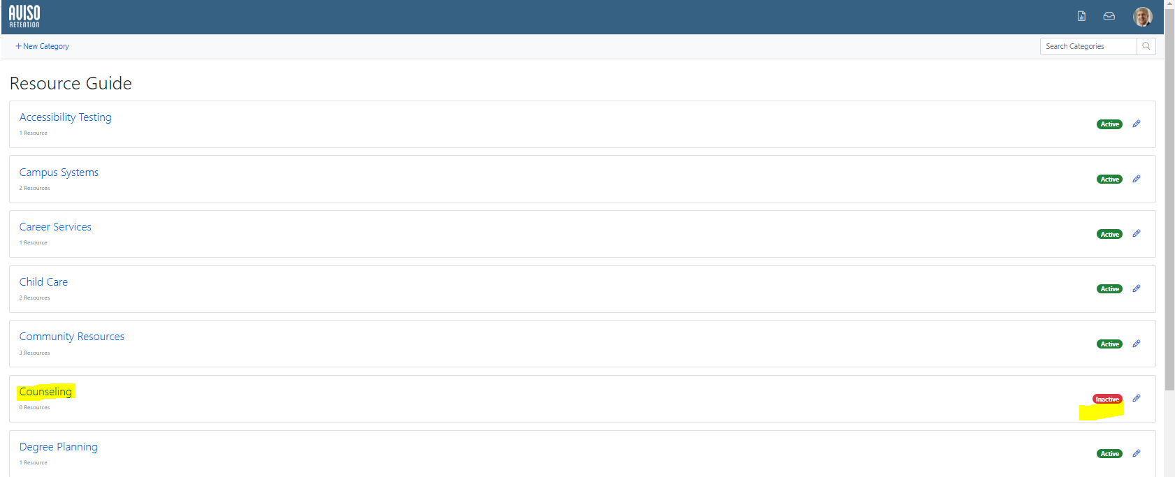 The resource guide page showing a list of resource categories, each with an active or inactive status. One category labeled 'DSS/FSD' is highlighted, with an inactive status tag next to it.