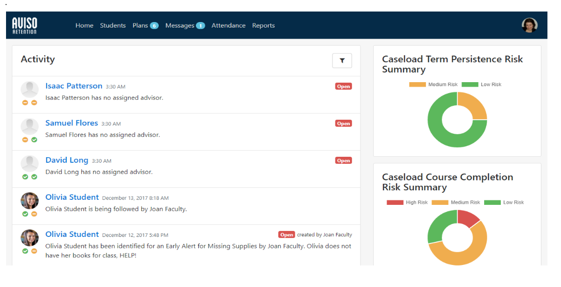 The activity page showing a list of recent student activity items on the left, including status notes for several students, while the right side is showing two caseload risk summary charts for term persistence and course completion.
