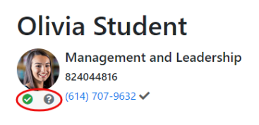 The student header showing Olivia Student’s name, program, student ID, and contact number, along with two status icons highlighted.