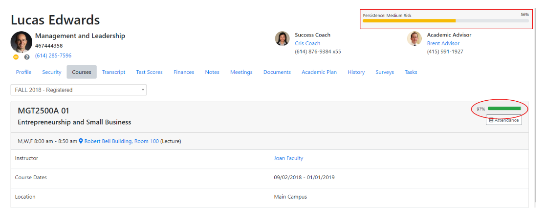 The course page for Lucas Edwards showing his course details along with two progress indicators. A persistence risk bar at the top is highlighted, and a course completion bar for the selected class is highlighted on the right side.