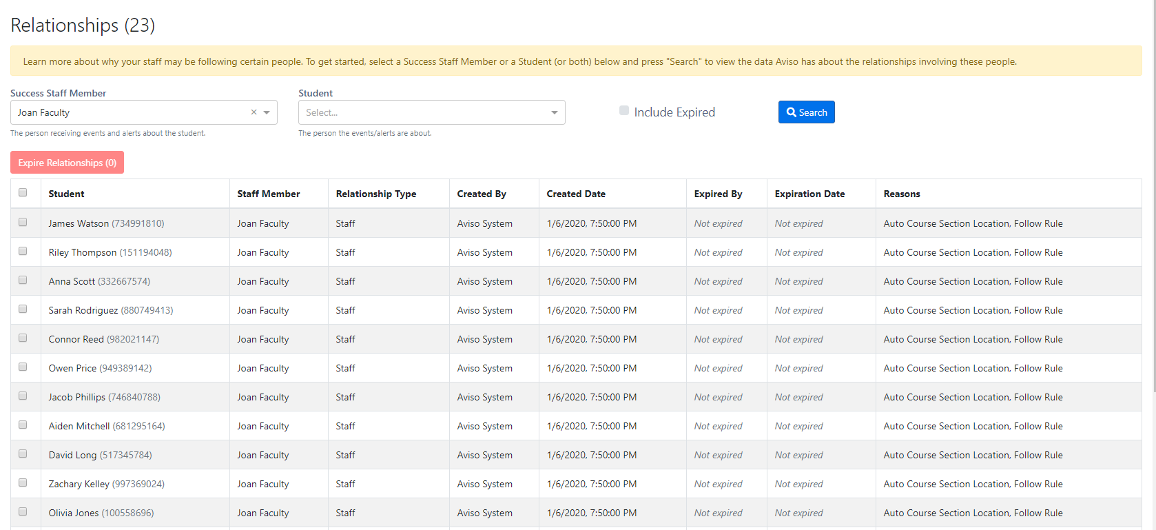 The 'Relationships page showing relationship records'. 'Success Staff Member field, Student field set to Joan Faculty, Include Expired checkbox field, and Search button', and 'Relationships table showing details of Student, Staff Member, Relationship Type, Created By, Created Date, Expired By, Expiration Date, and Reasons'.