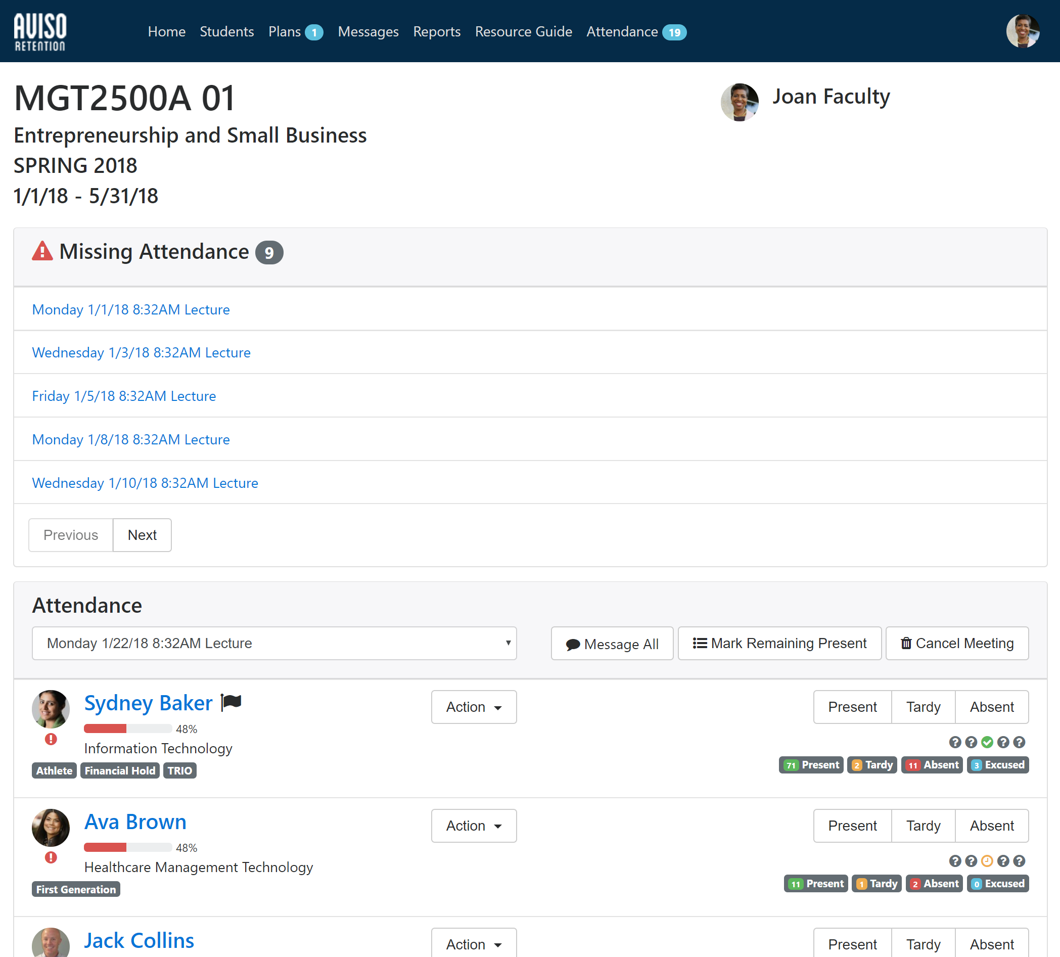 The 'My course section attendance page showing details of course MGT2500A 01 Entrepreneurship and Small Business for Spring 2018'. 'Course section meetings missing attendance with a list of lecture dates and times', 'Course section attendance records showing student names, programs, attendance percentages, and present, tardy, and absent controls', and 'My course sections'.