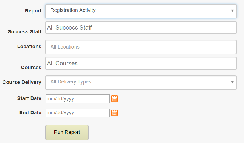 A report filter page showing dropdown fields for report type, success staff, locations, courses, and course delivery, with start and end date fields and a Run Report button.